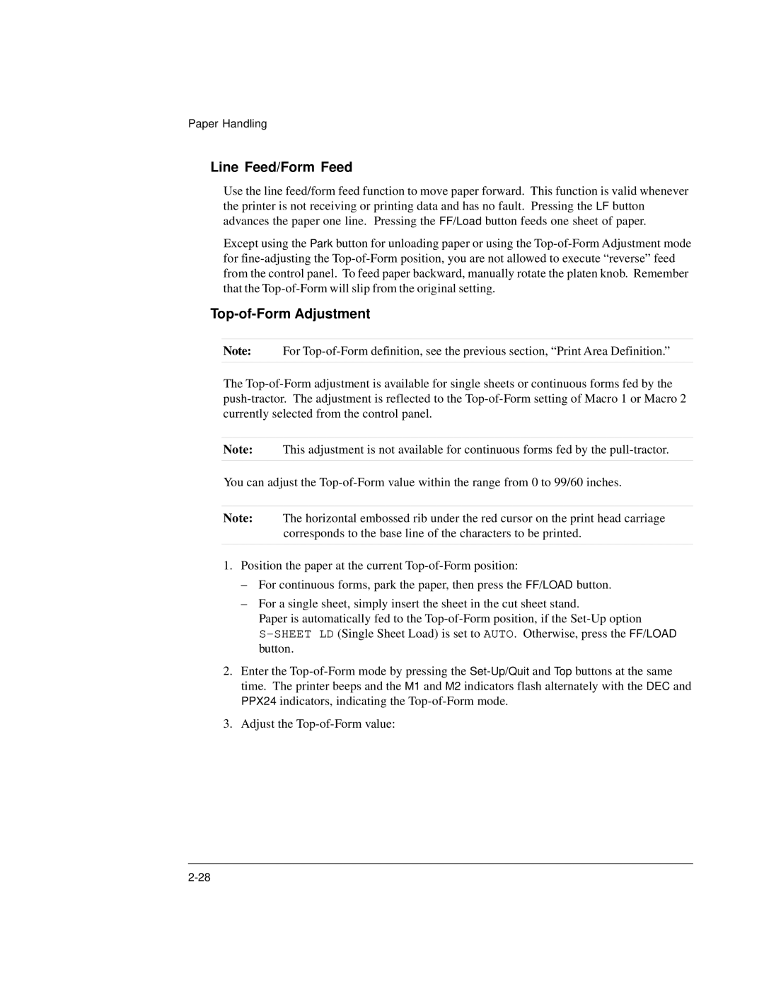 Genicom LA36 manual Line Feed/Form Feed, Top-of-Form Adjustment 