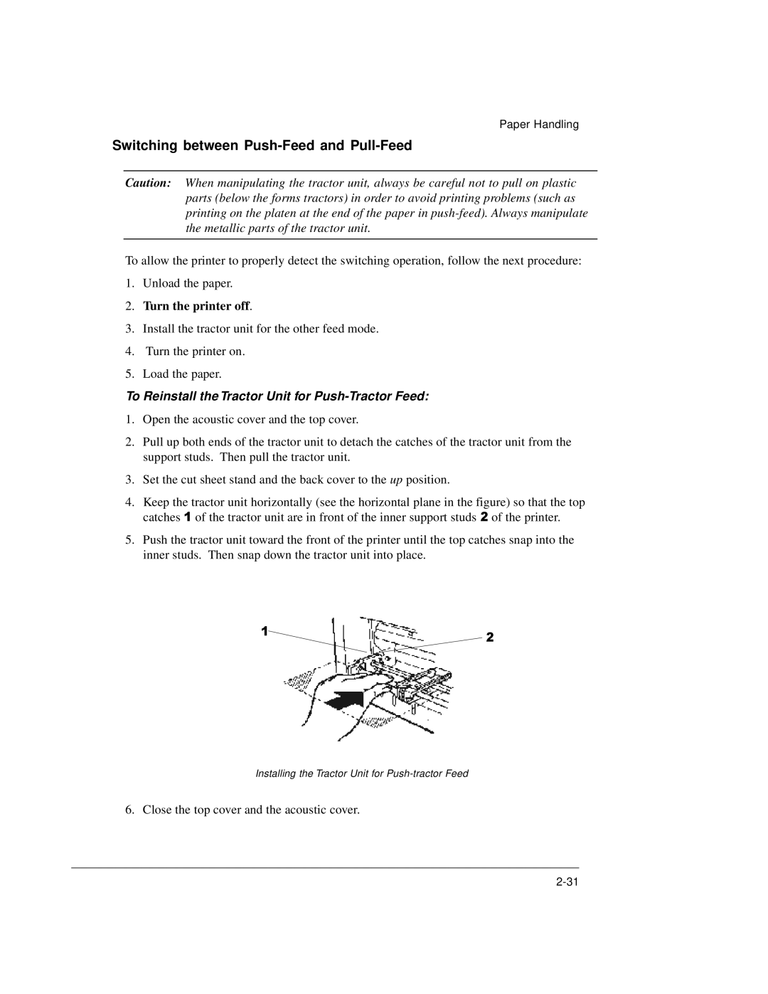 Genicom LA36 manual Switching between Push-Feed and Pull-Feed, Turn the printer off 