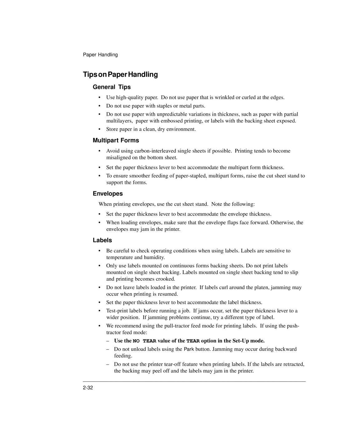 Genicom LA36 manual Tips on Paper Handling, General Tips, Multipart Forms, Envelopes, Labels 