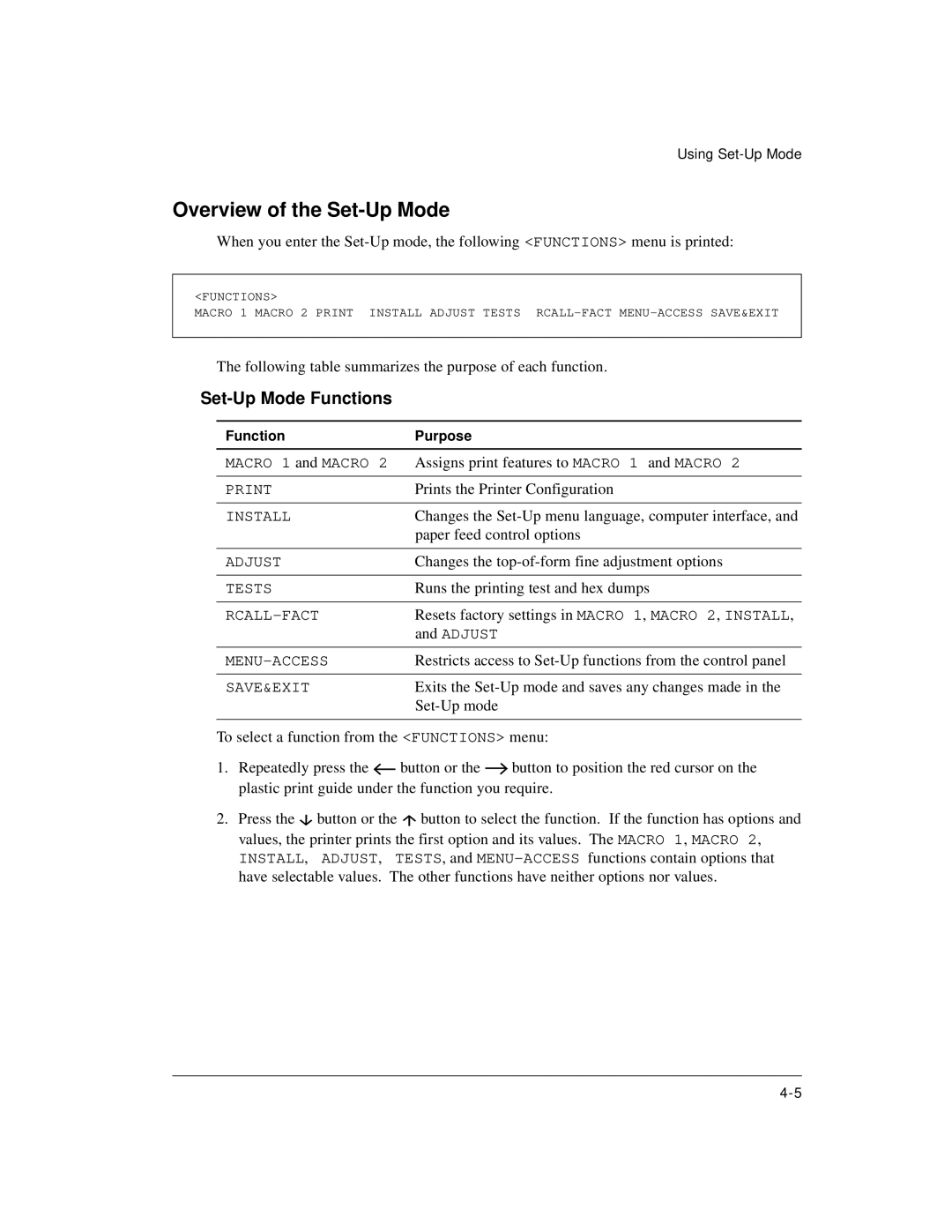 Genicom LA36 manual Overview of the Set-Up Mode, Set-Up Mode Functions 