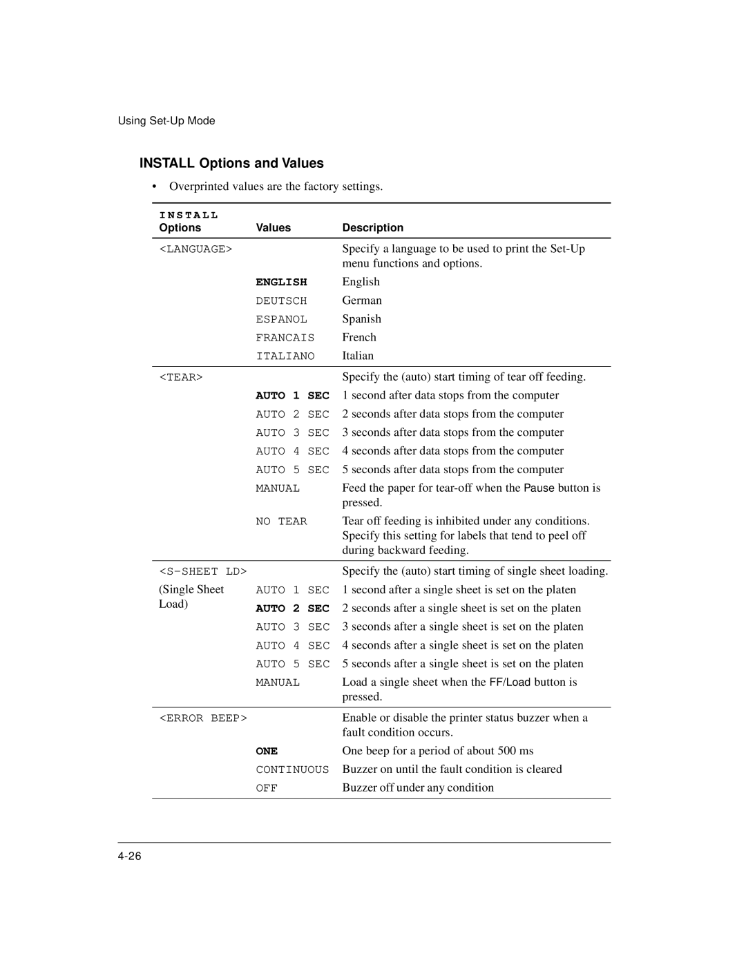 Genicom LA36 manual Install Options and Values, English 