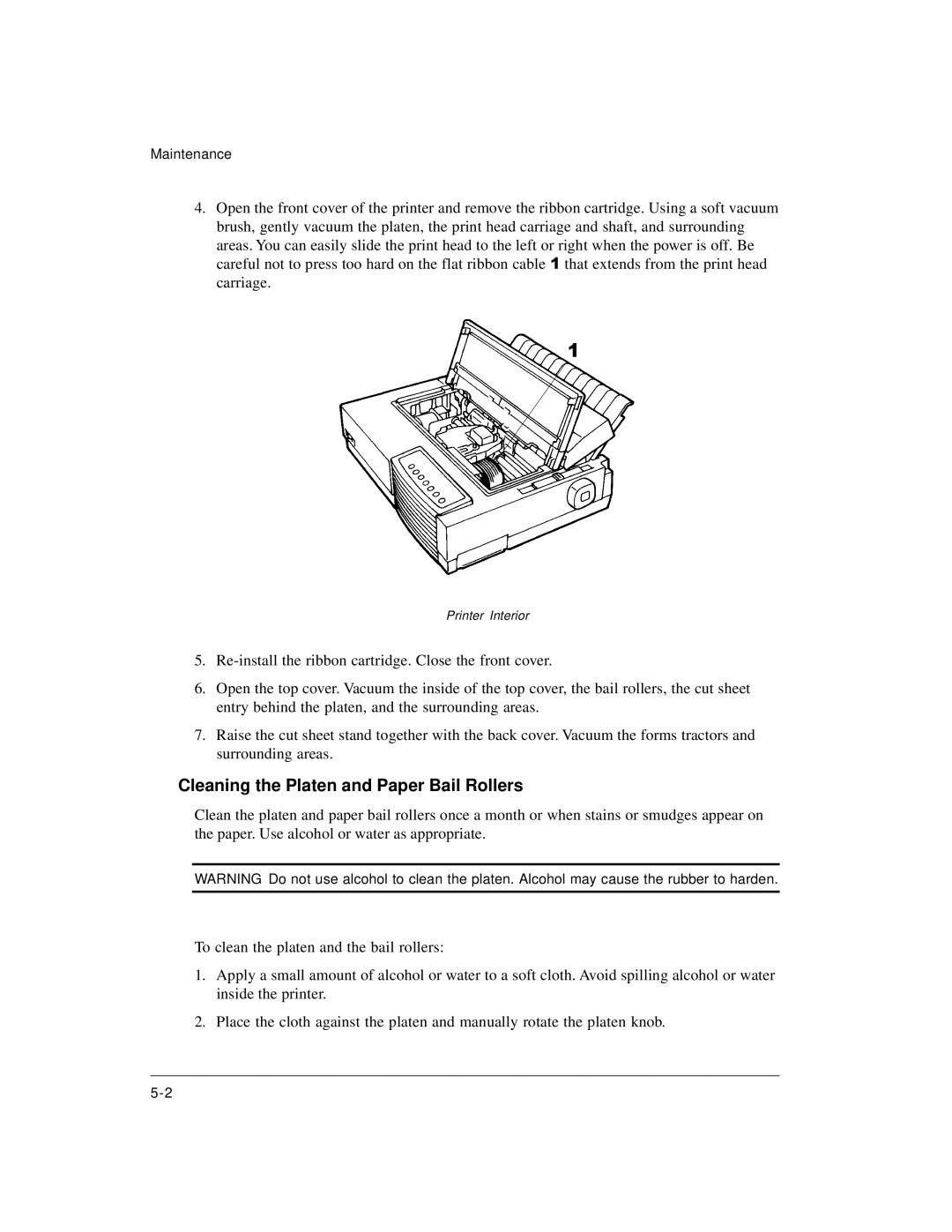 Genicom LA36 manual Cleaning the Platen and Paper Bail Rollers 