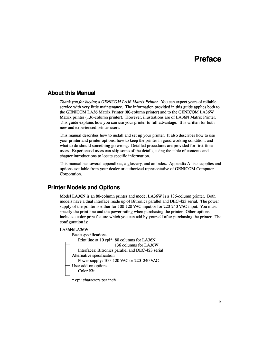 Genicom LA36 manual Preface, About this Manual, Printer Models and Options 