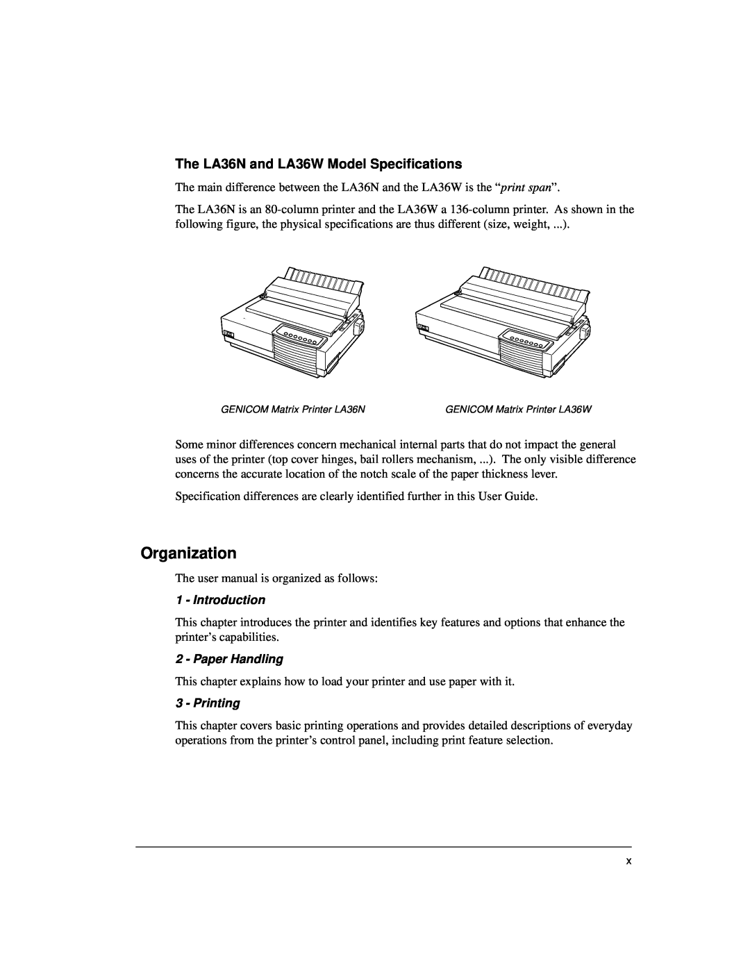 Genicom manual Organization, The LA36N and LA36W Model Specifications, Introduction, Paper Handling, Printing 