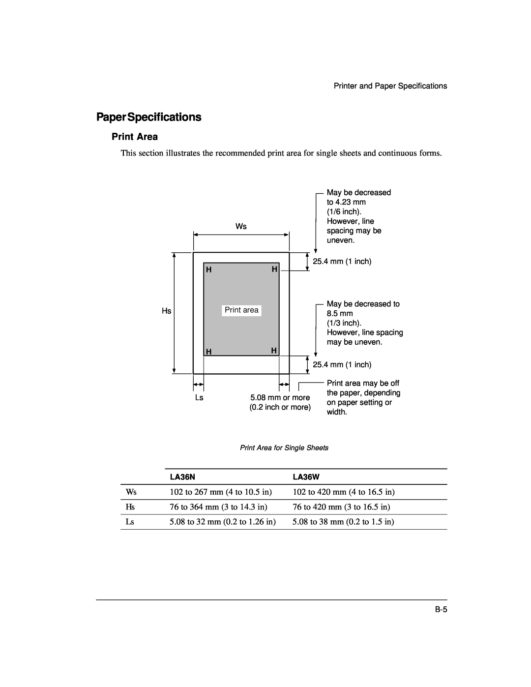 Genicom LA36 manual Paper Specifications, Print Area 