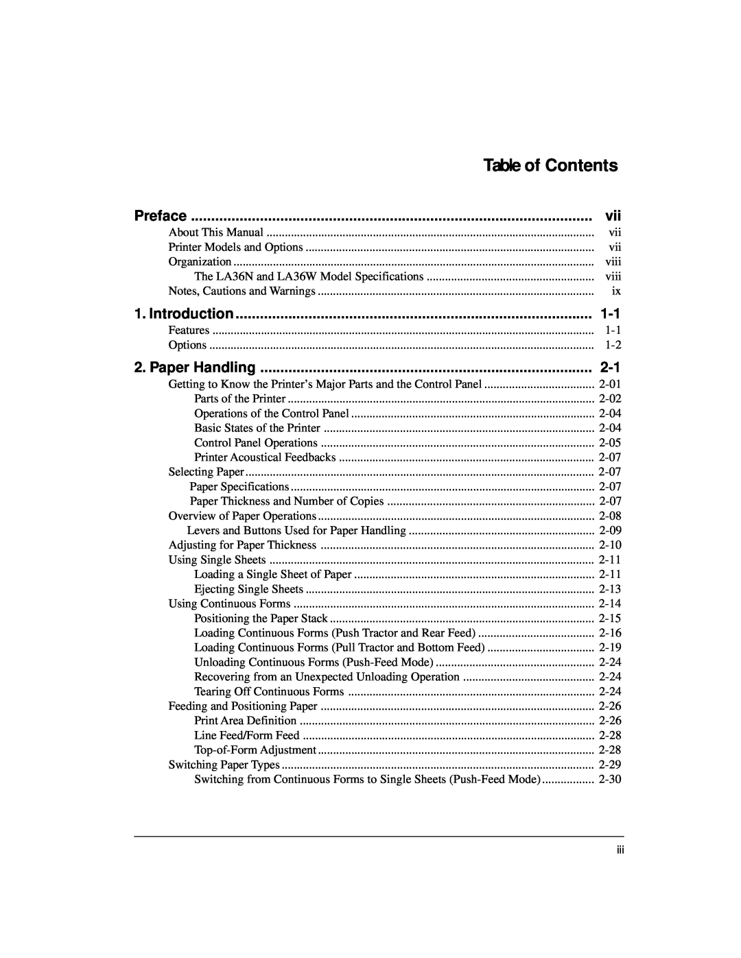 Genicom LA36 manual Table of Contents, Introduction, Paper Handling 