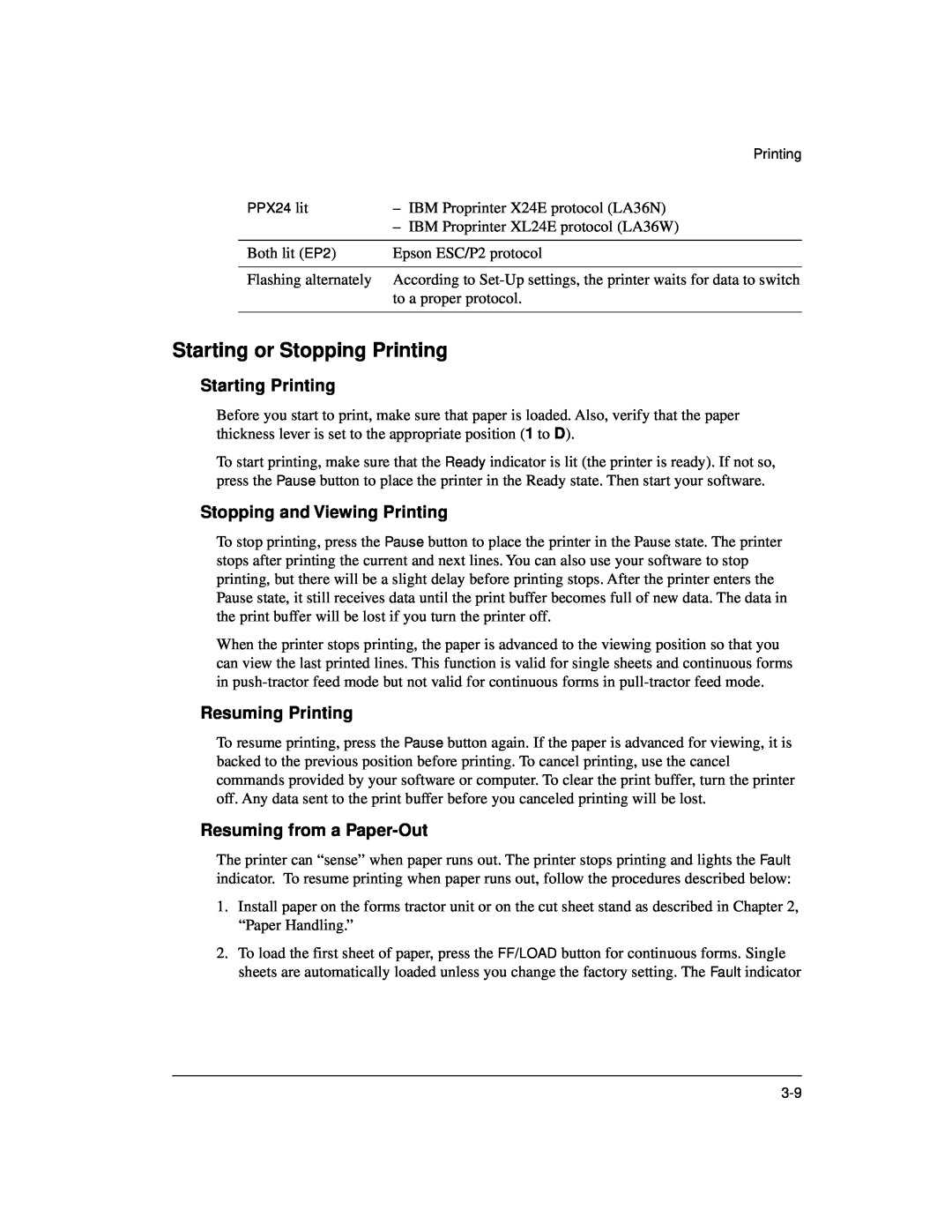 Genicom LA36 manual Starting or Stopping Printing, Starting Printing, Stopping and Viewing Printing, Resuming Printing 