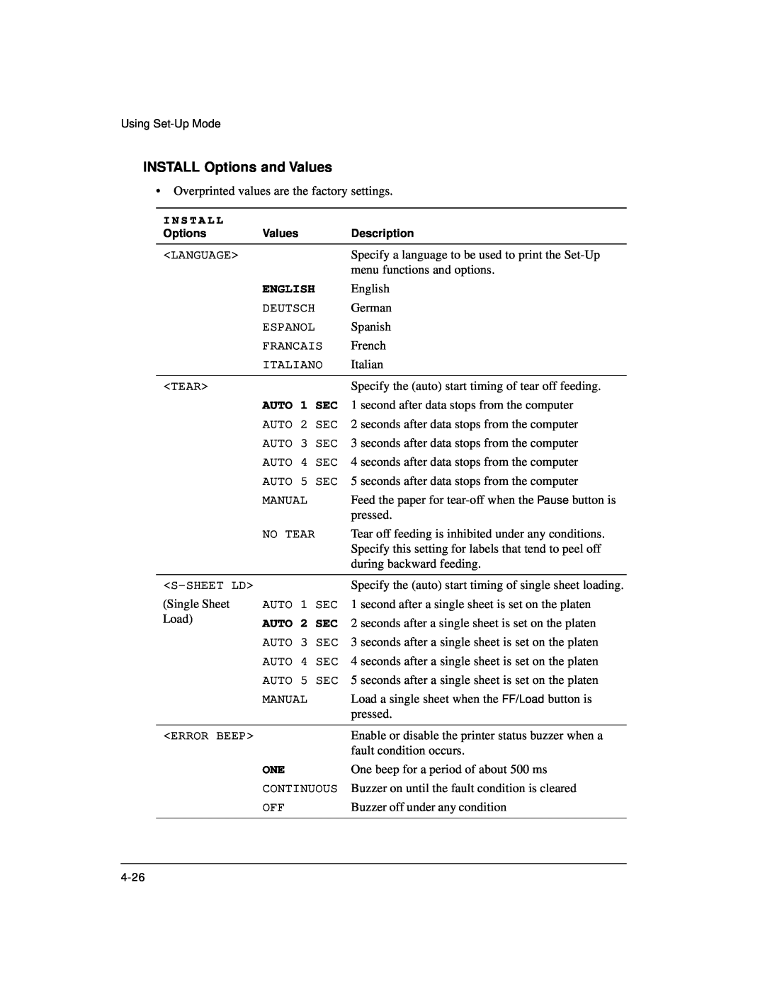 Genicom LA36 manual INSTALL Options and Values, English, AUTO 1 SEC, AUTO 2 SEC 