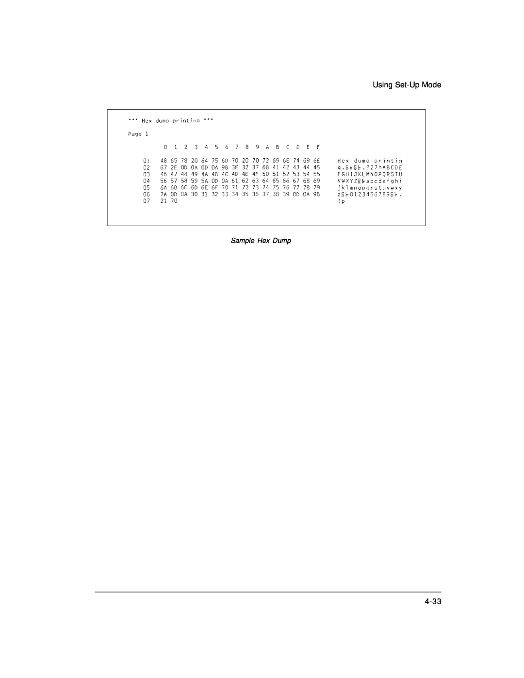 Genicom LA36 manual Using Set-Up Mode, 4-33, Sample Hex Dump 