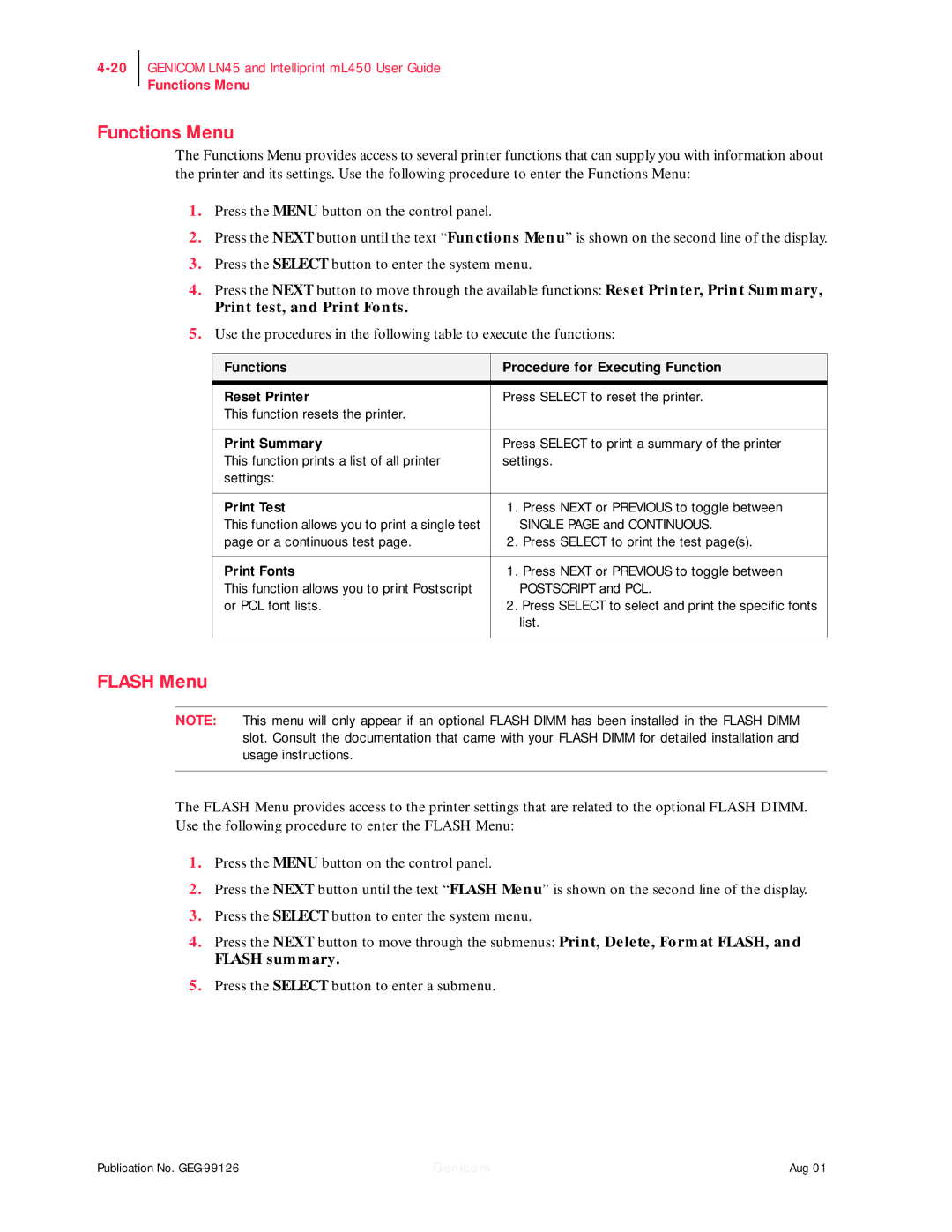 Genicom ML450, LN45 manual Functions Menu, Flash Menu 