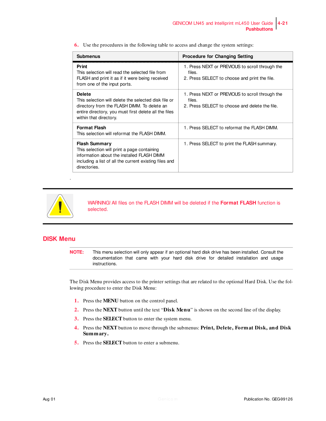 Genicom LN45, ML450 manual Disk Menu, Submenus Procedure for Changing Setting Print, Delete, Format Flash, Flash Summary 