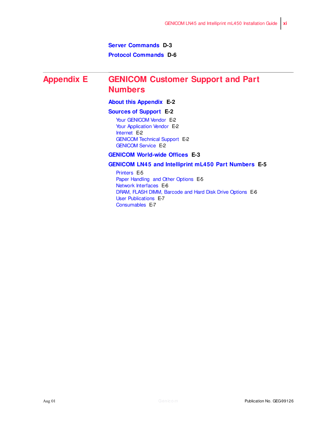 Genicom LN45, ML450 manual Appendix E Genicom Customer Support and Part Numbers 