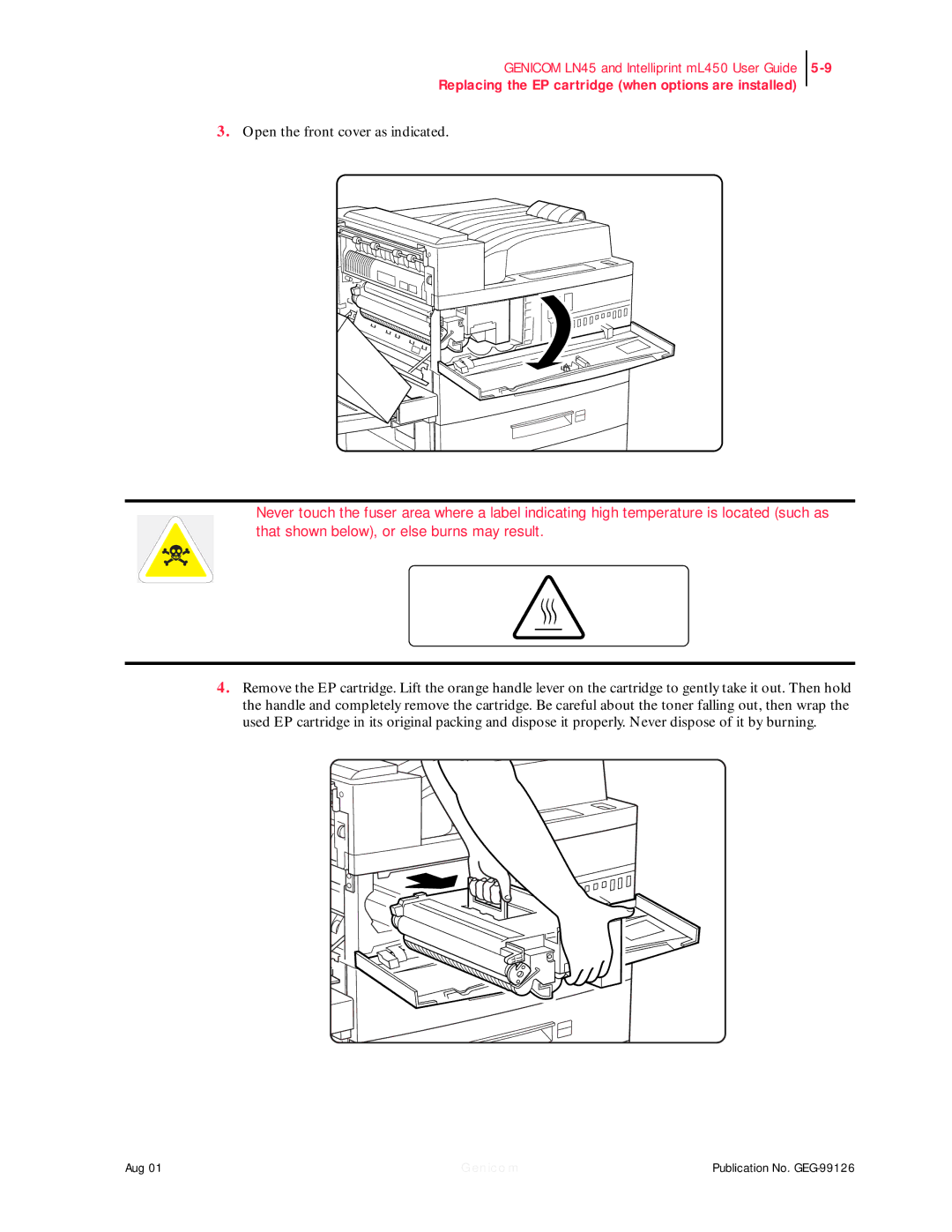 Genicom LN45, ML450 manual Replacing the EP cartridge when options are installed 