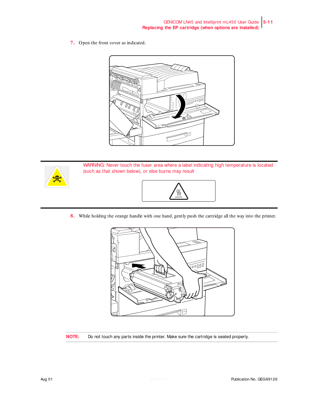 Genicom LN45, ML450 manual Replacing the EP cartridge when options are installed 