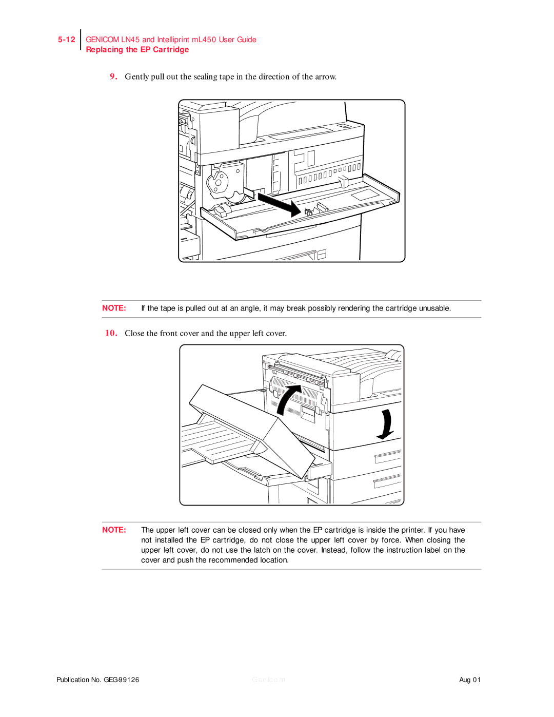 Genicom ML450, LN45 manual Replacing the EP Cartridge 