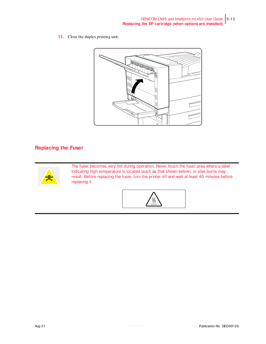 Genicom LN45, ML450 manual Replacing the Fuser 