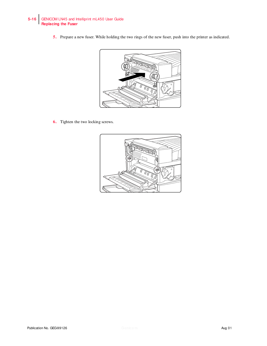 Genicom ML450, LN45 manual Replacing the Fuser 