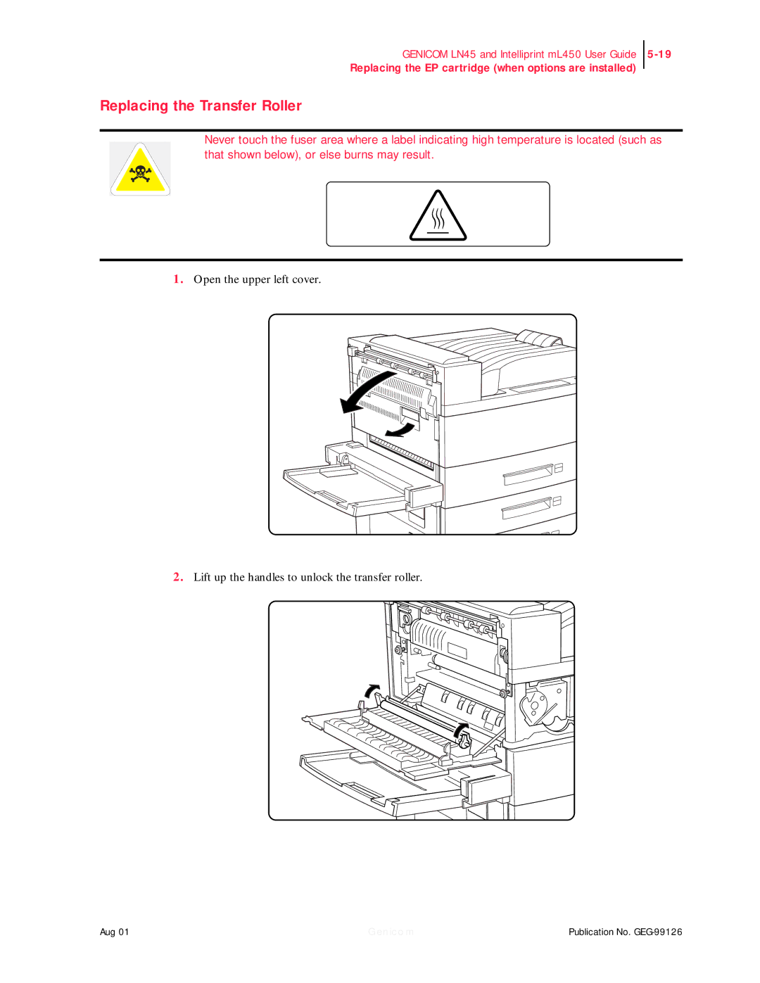 Genicom LN45, ML450 manual Replacing the Transfer Roller 