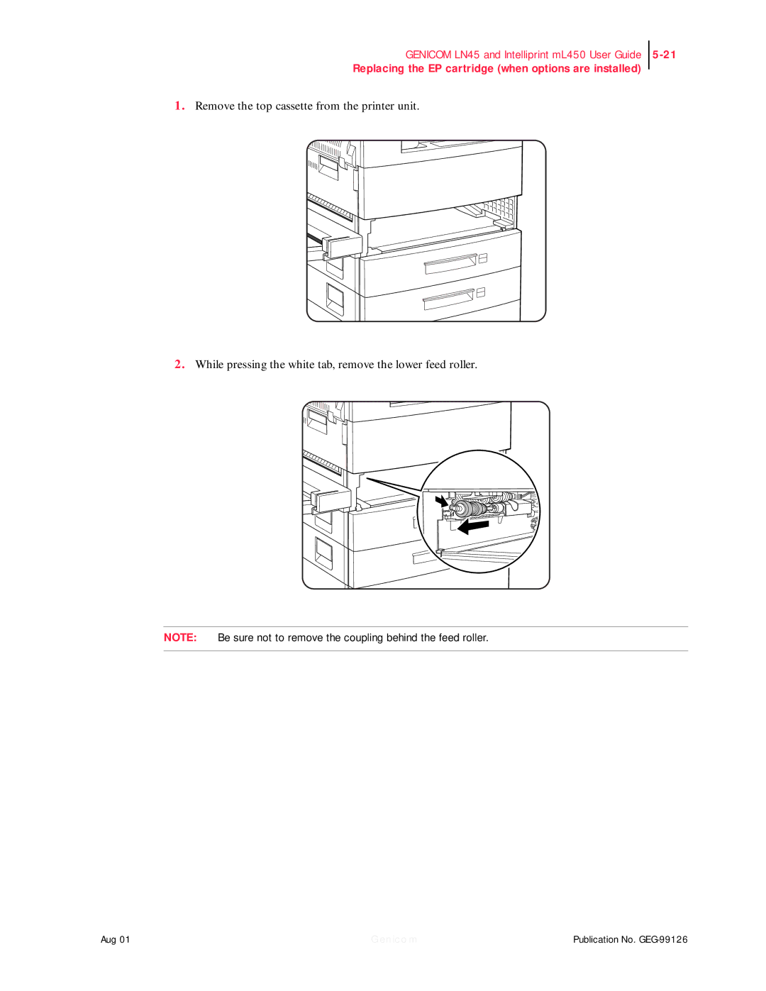 Genicom LN45, ML450 manual Replacing the EP cartridge when options are installed 