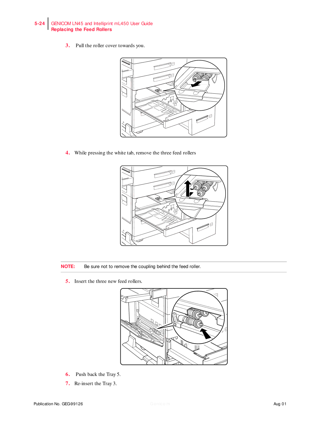 Genicom ML450, LN45 manual Replacing the Feed Rollers 