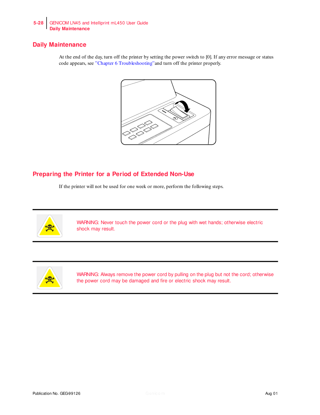 Genicom ML450, LN45 manual Daily Maintenance, Preparing the Printer for a Period of Extended Non-Use 