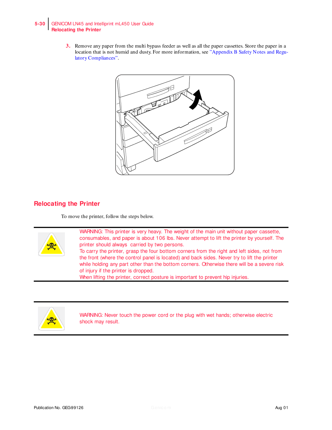 Genicom ML450, LN45 manual Relocating the Printer, To move the printer, follow the steps below 