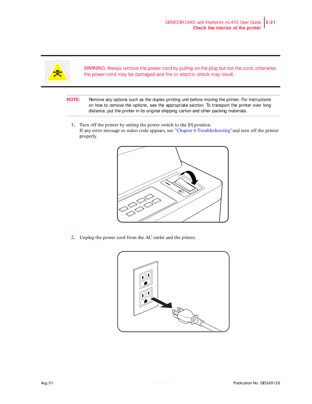 Genicom LN45, ML450 manual Check the interior of the printer 