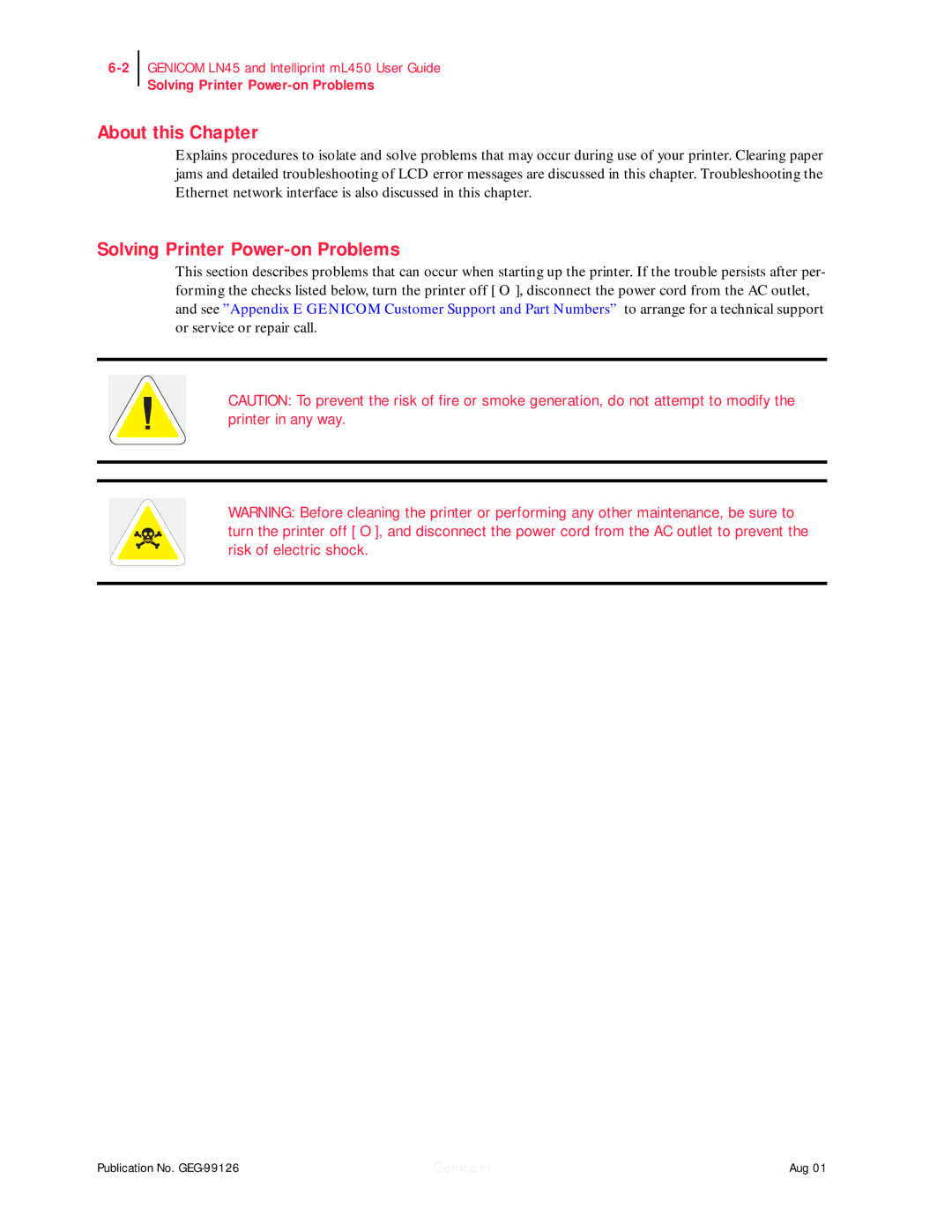 Genicom ML450, LN45 manual About this Chapter, Solving Printer Power-on Problems 