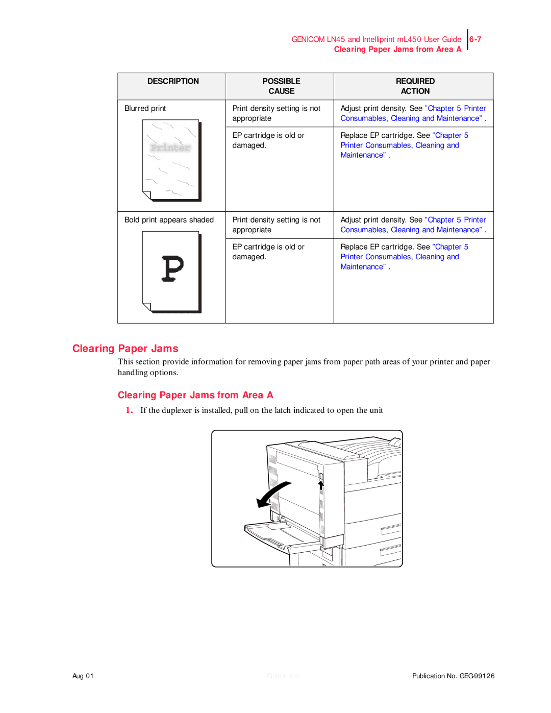 Genicom LN45, ML450 manual Clearing Paper Jams from Area a 