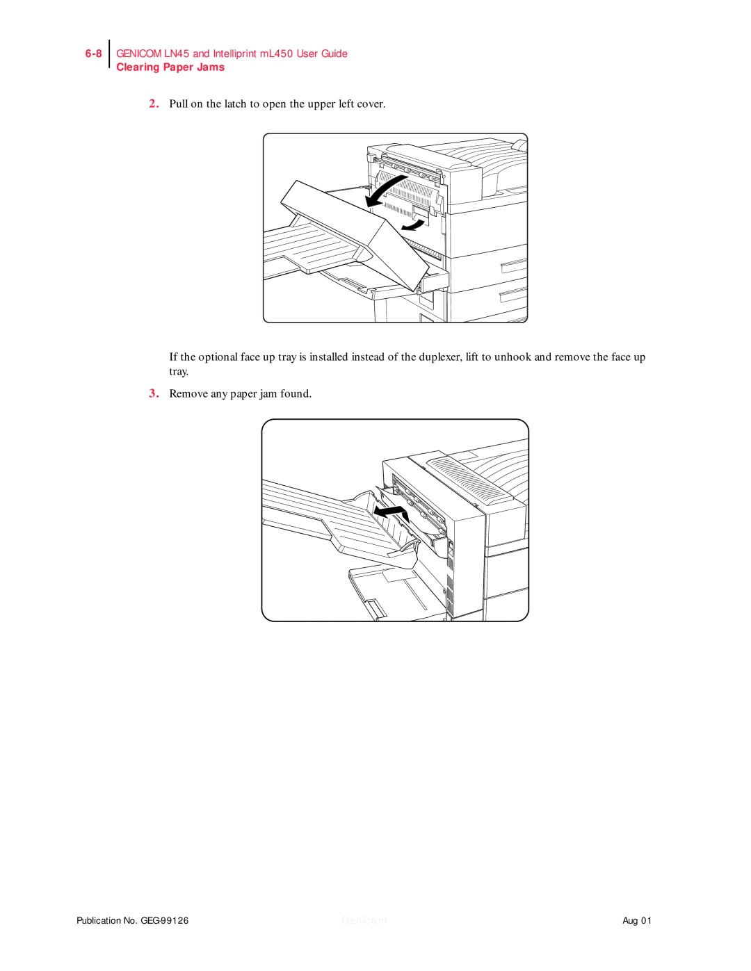 Genicom ML450, LN45 manual Clearing Paper Jams 