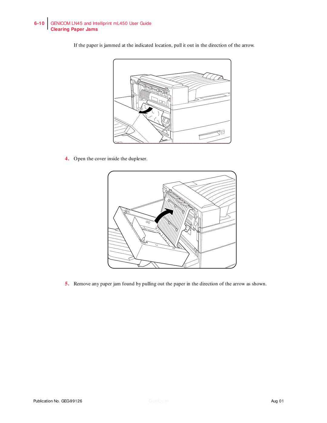 Genicom ML450, LN45 manual Clearing Paper Jams 