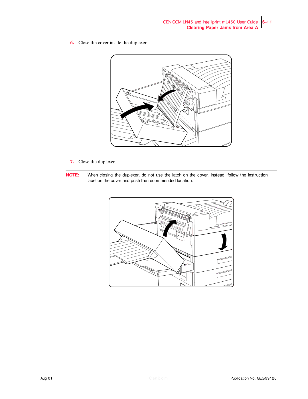 Genicom LN45, ML450 manual Close the cover inside the duplexer Close the duplexer 