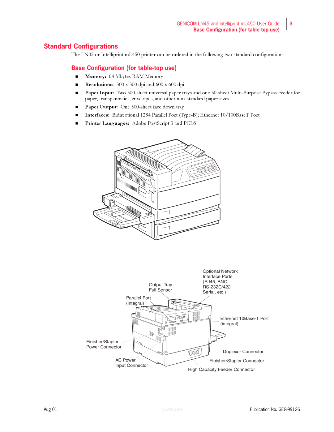 Genicom LN45, ML450 manual Standard Configurations 