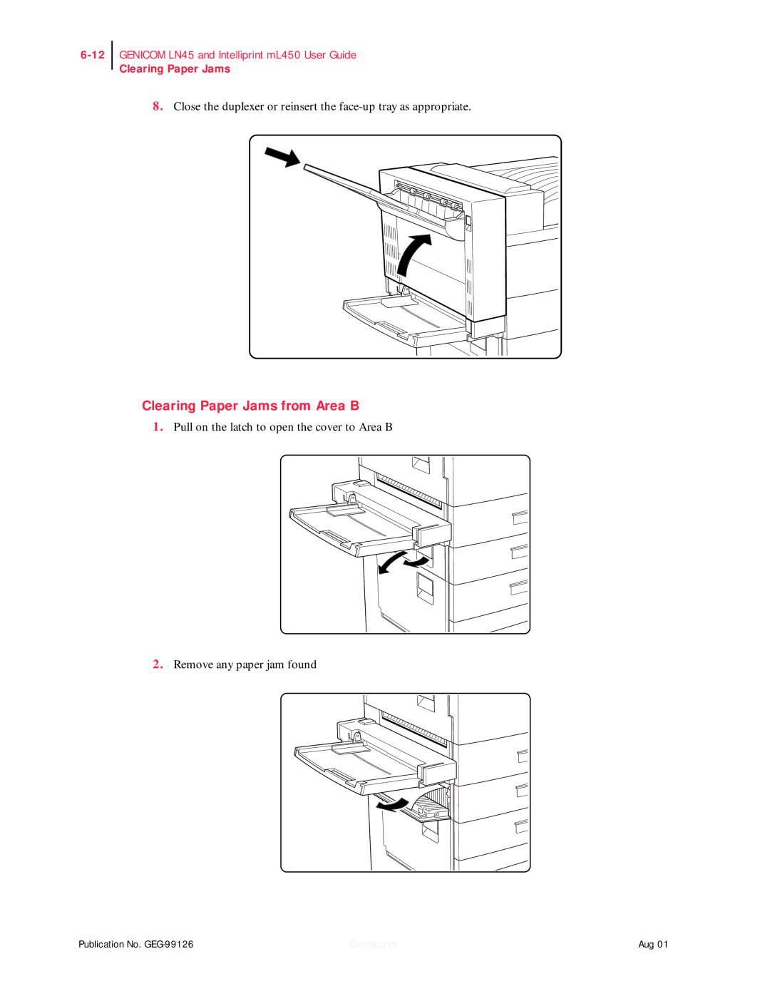 Genicom ML450, LN45 manual Clearing Paper Jams from Area B 