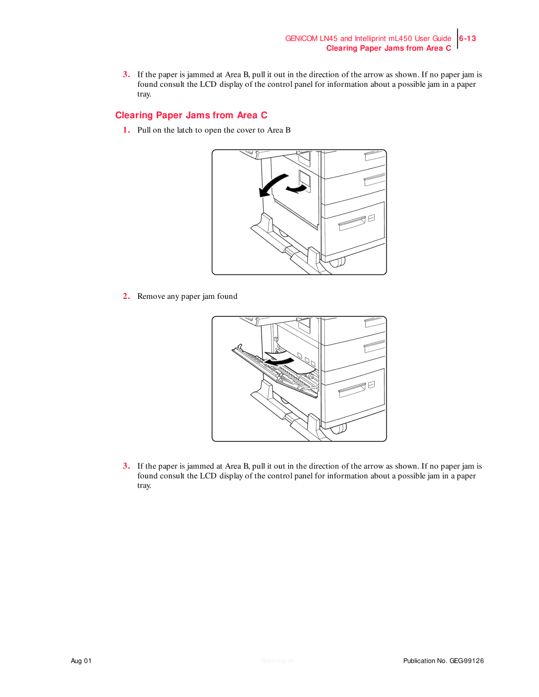 Genicom LN45, ML450 manual Clearing Paper Jams from Area C 