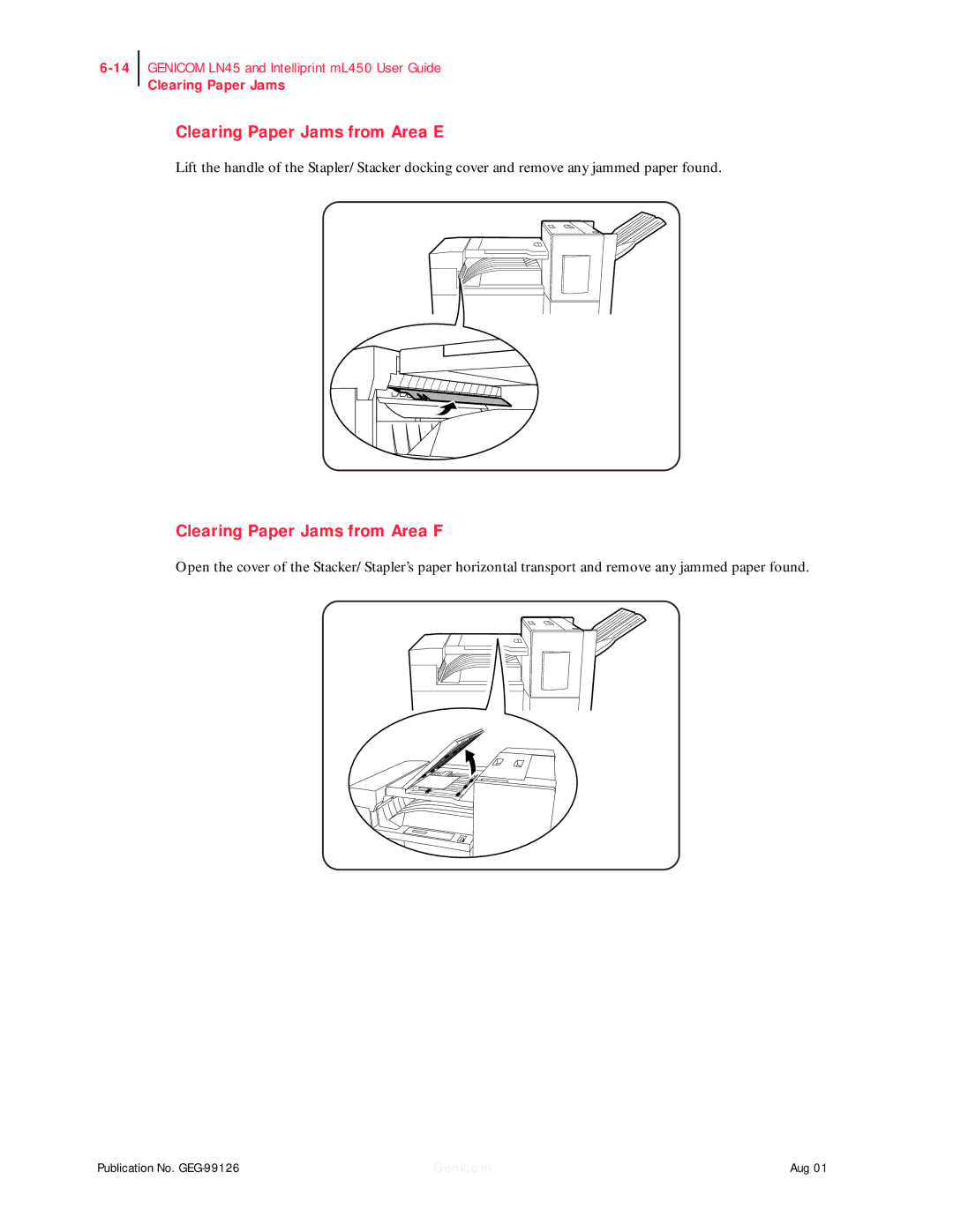 Genicom ML450, LN45 manual Clearing Paper Jams from Area E, Clearing Paper Jams from Area F 