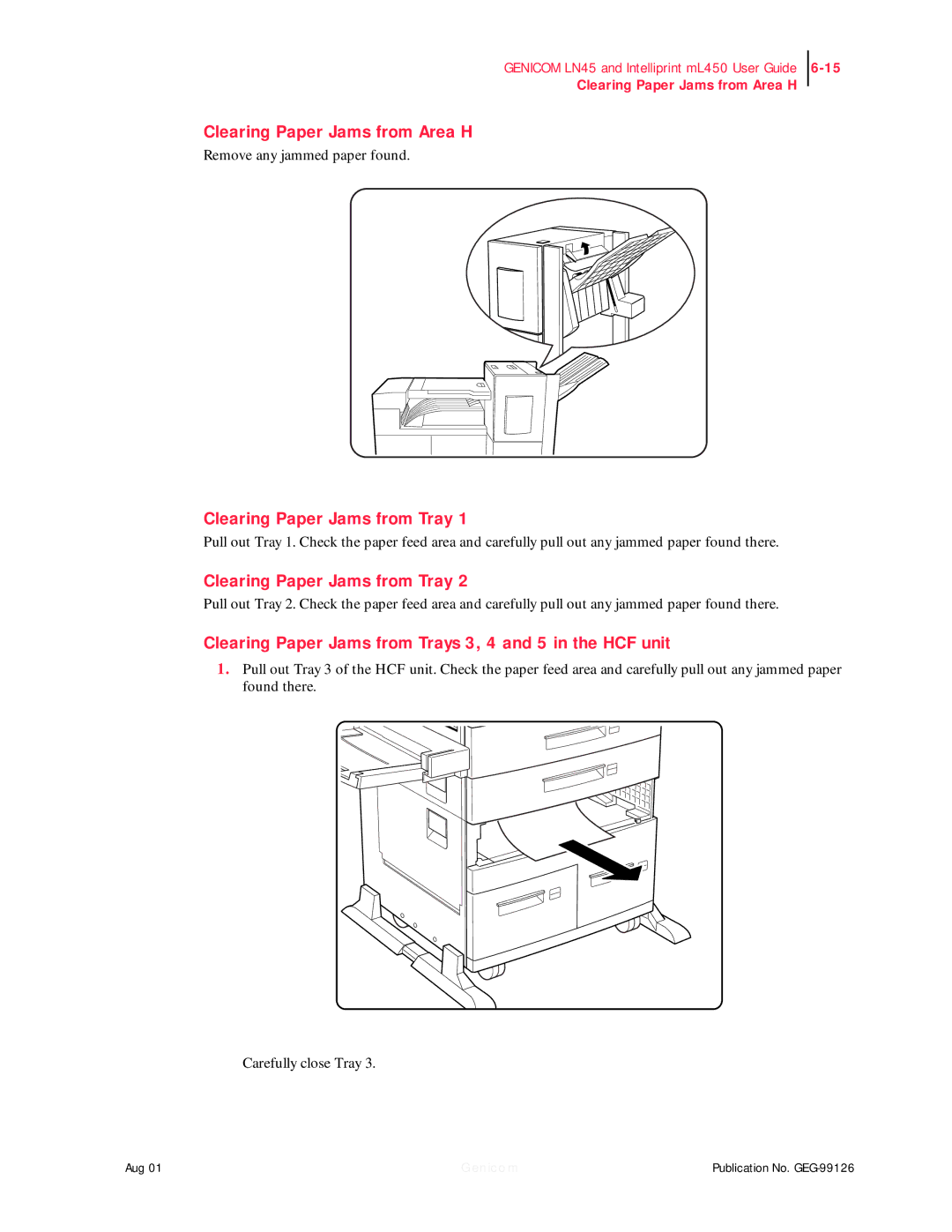 Genicom LN45, ML450 manual Clearing Paper Jams from Area H, Clearing Paper Jams from Tray 