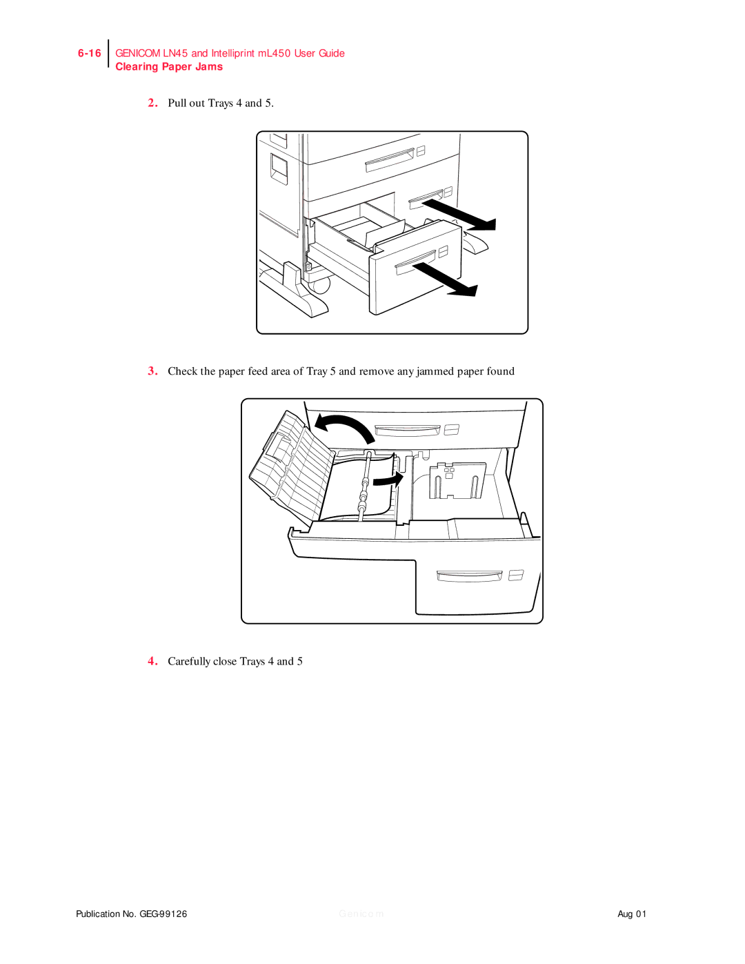 Genicom ML450, LN45 manual Clearing Paper Jams 