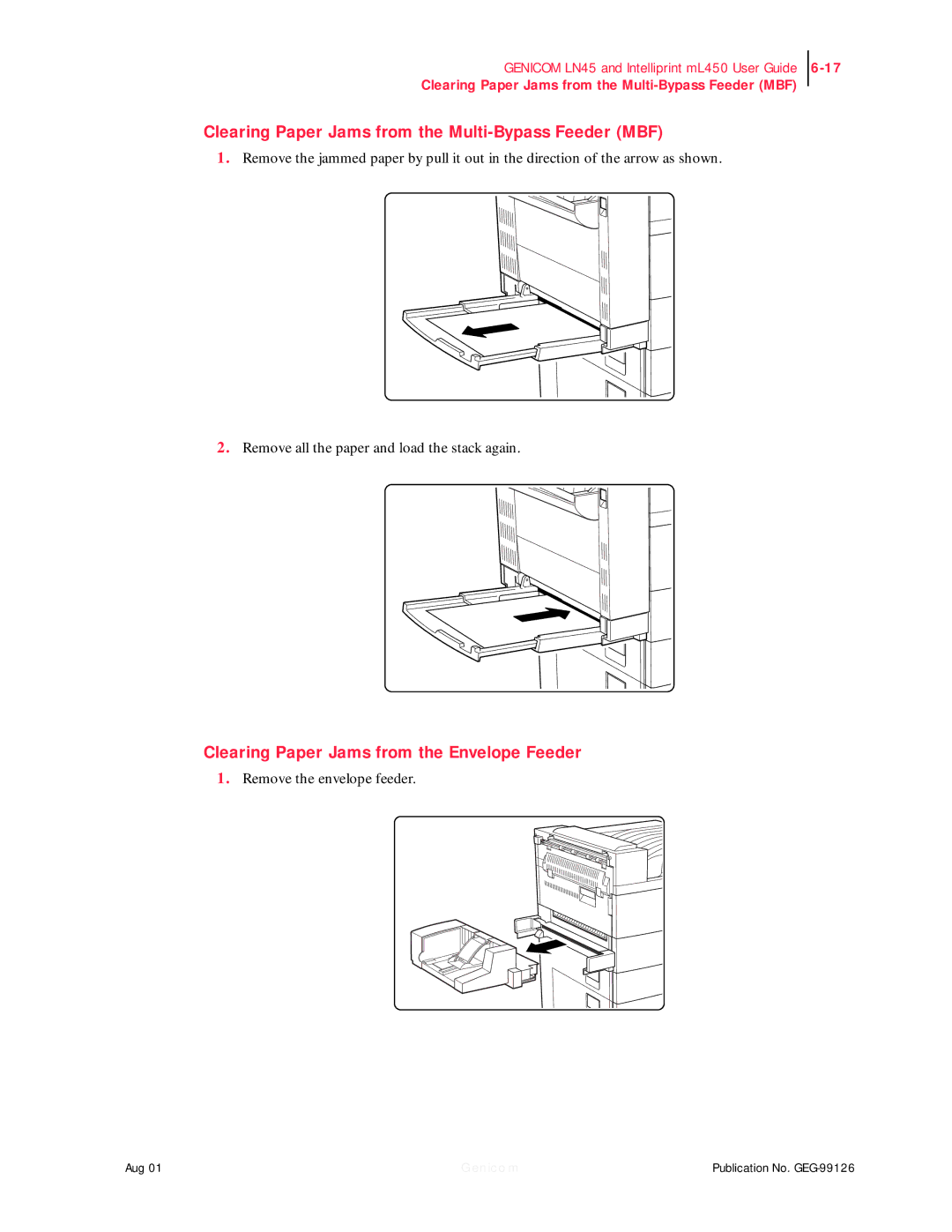 Genicom LN45, ML450 Clearing Paper Jams from the Multi-Bypass Feeder MBF, Clearing Paper Jams from the Envelope Feeder 