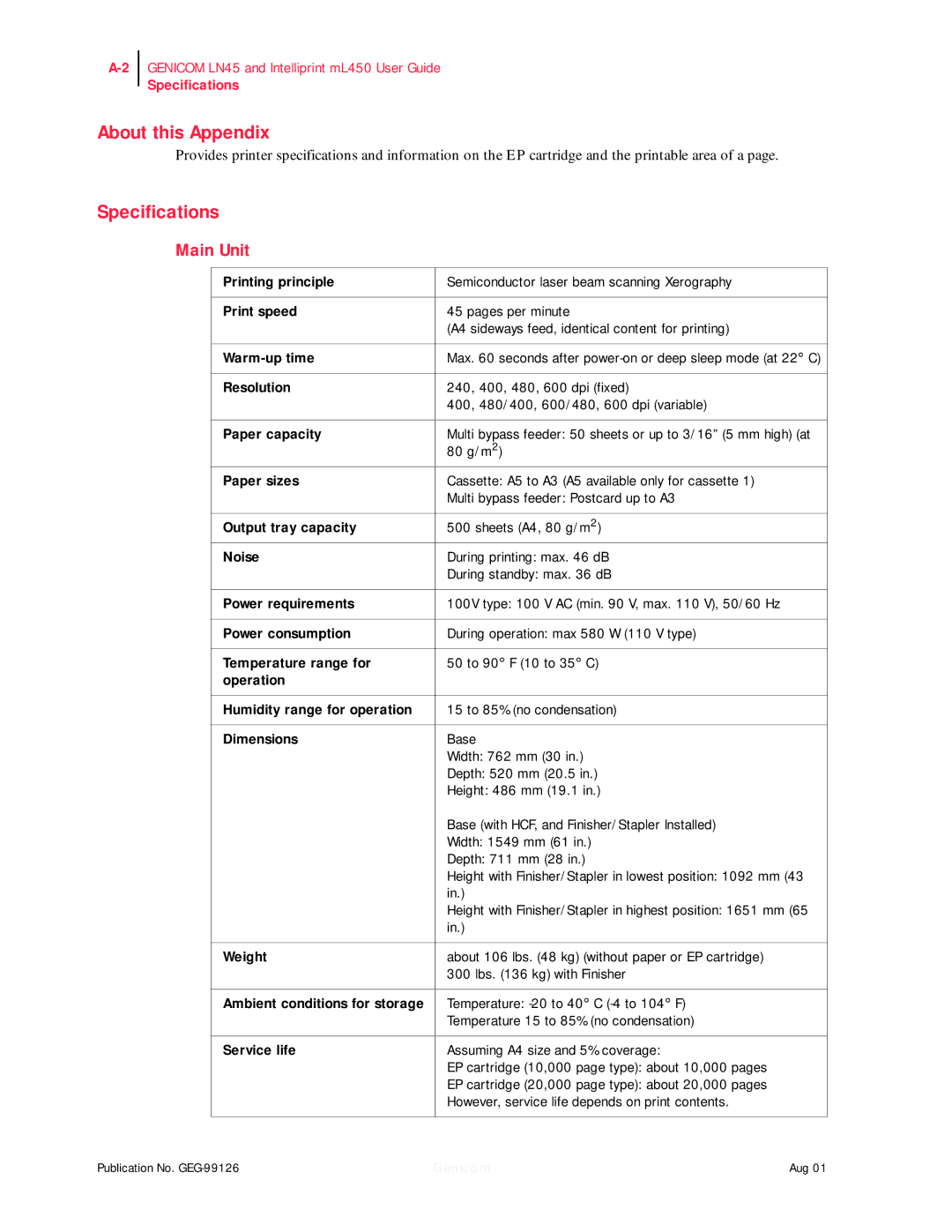 Genicom ML450, LN45 manual About this Appendix, Specifications, Main Unit 