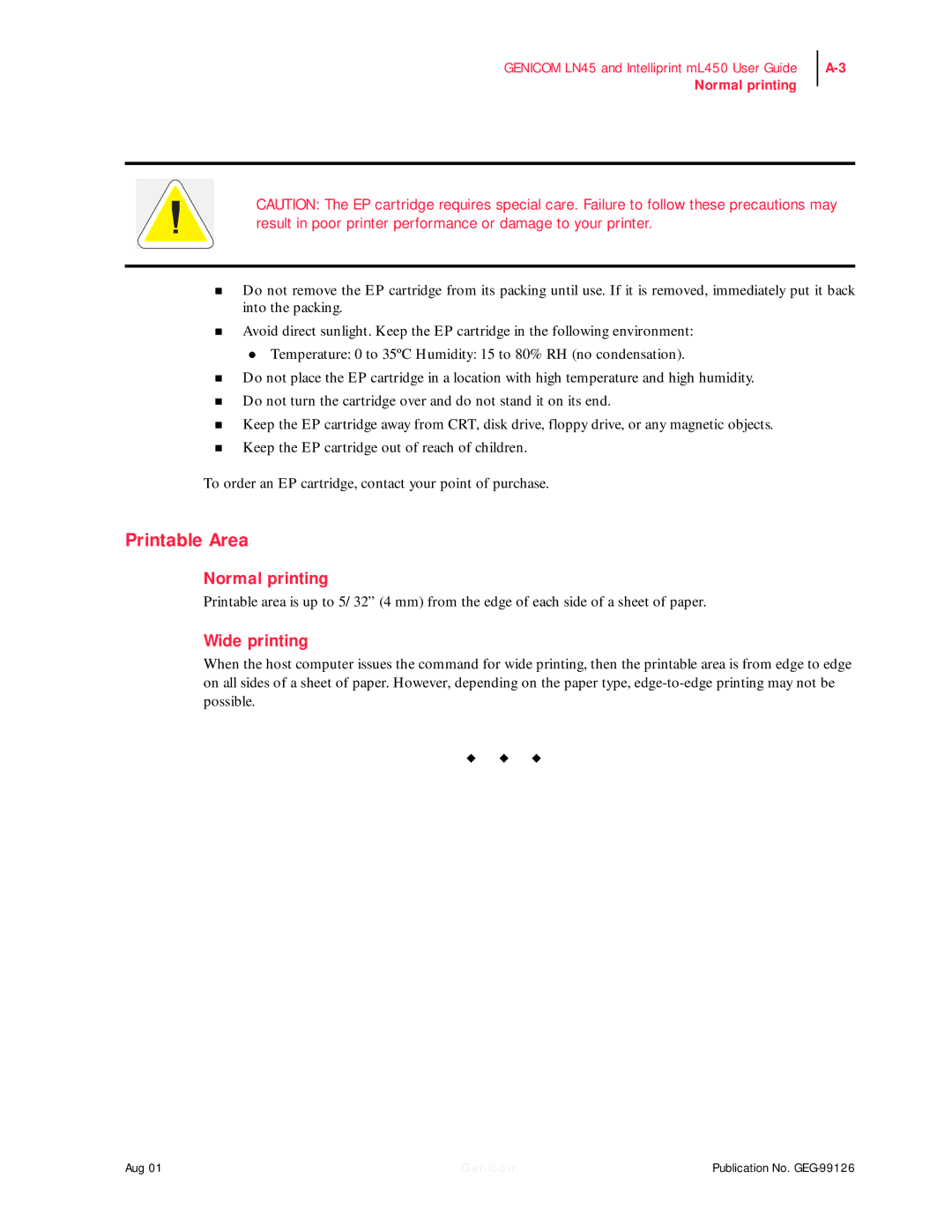 Genicom LN45, ML450 manual Printable Area, Normal printing, Wide printing 