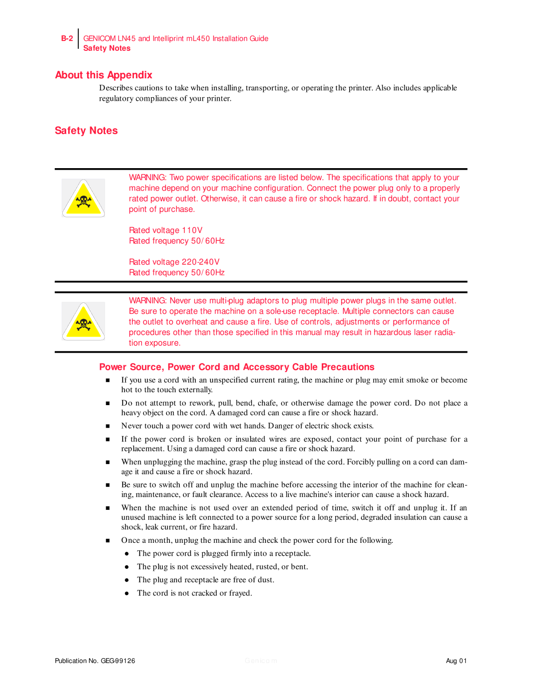 Genicom ML450, LN45 manual Safety Notes, Power Source, Power Cord and Accessory Cable Precautions 