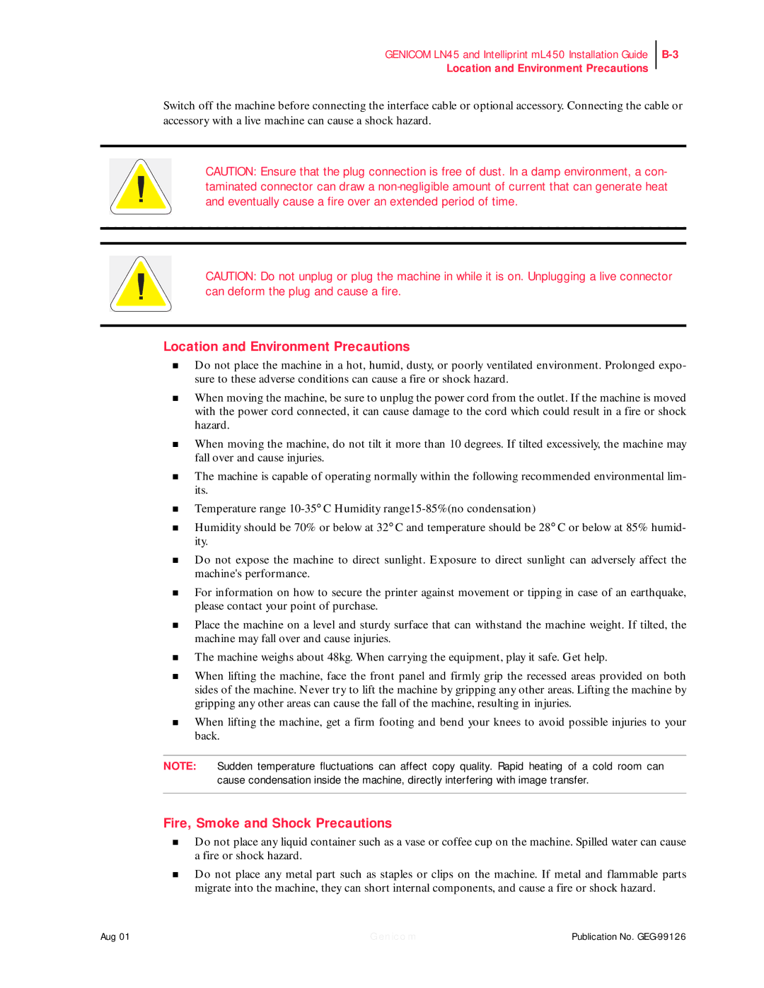 Genicom LN45, ML450 manual Location and Environment Precautions, Fire, Smoke and Shock Precautions 