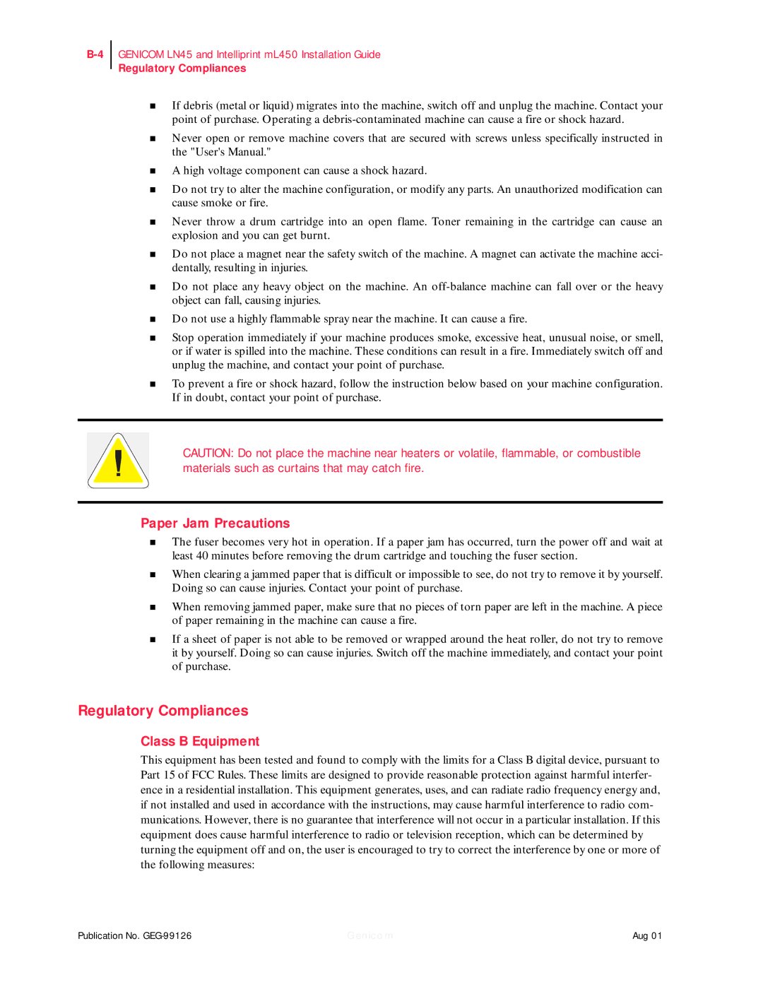 Genicom ML450, LN45 manual Regulatory Compliances, Paper Jam Precautions, Class B Equipment 