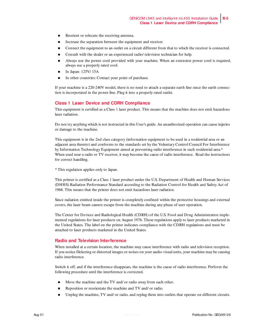 Genicom LN45, ML450 manual Class 1 Laser Device and Cdrh Compliance, Radio and Television Interference 