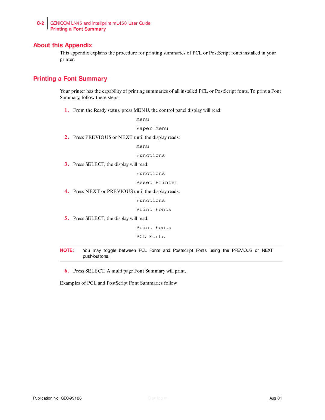 Genicom ML450, LN45 manual About this Appendix, Printing a Font Summary 