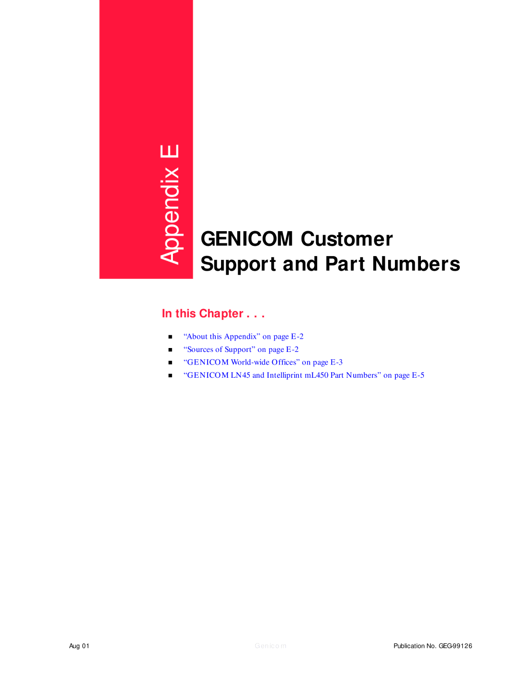 Genicom LN45, ML450 manual Appendix E 