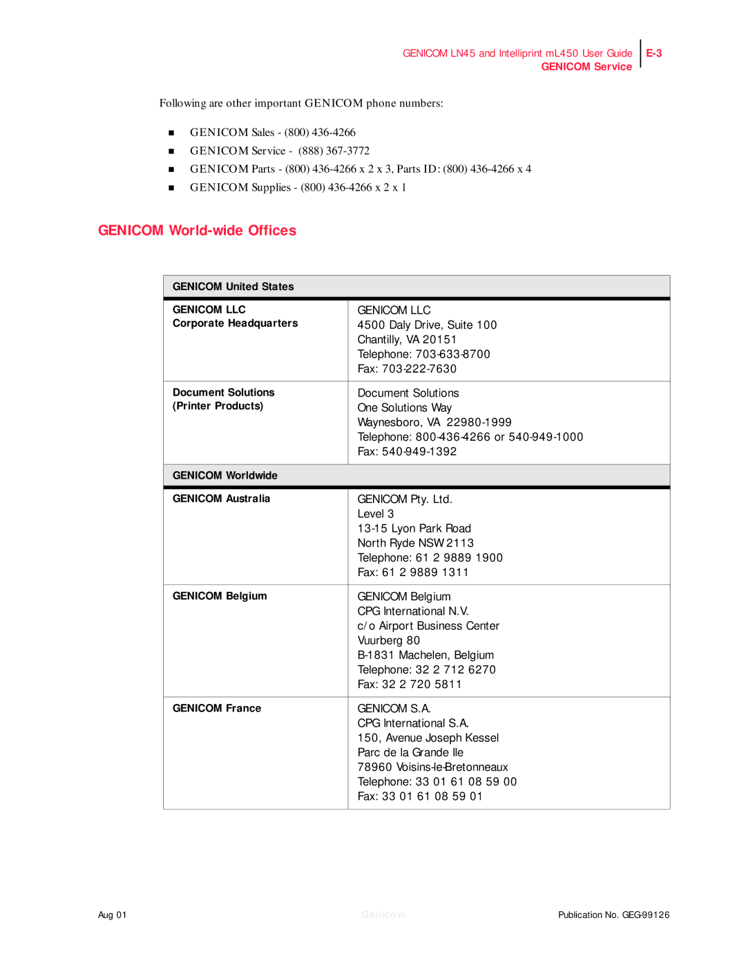 Genicom LN45, ML450 manual Genicom World-wide Offices 