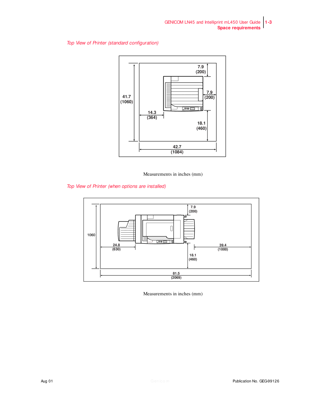 Genicom LN45, ML450 manual Measurements in inches mm 