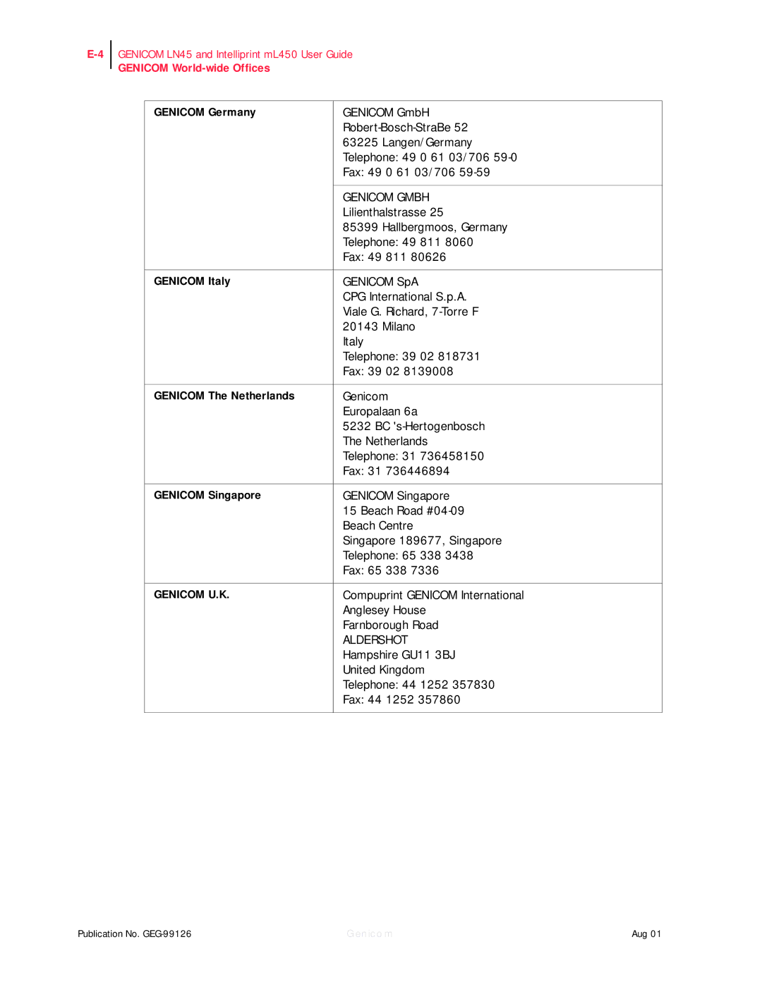 Genicom ML450, LN45 manual Genicom Germany, Genicom Italy, Genicom The Netherlands, Genicom Singapore 